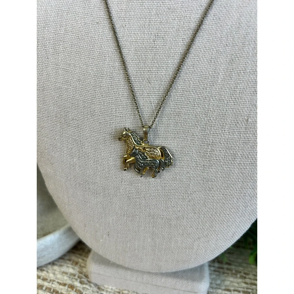 Vintage Two Tone Horse Pendant Necklace Gold Silver Equestrian Animal Jewelry